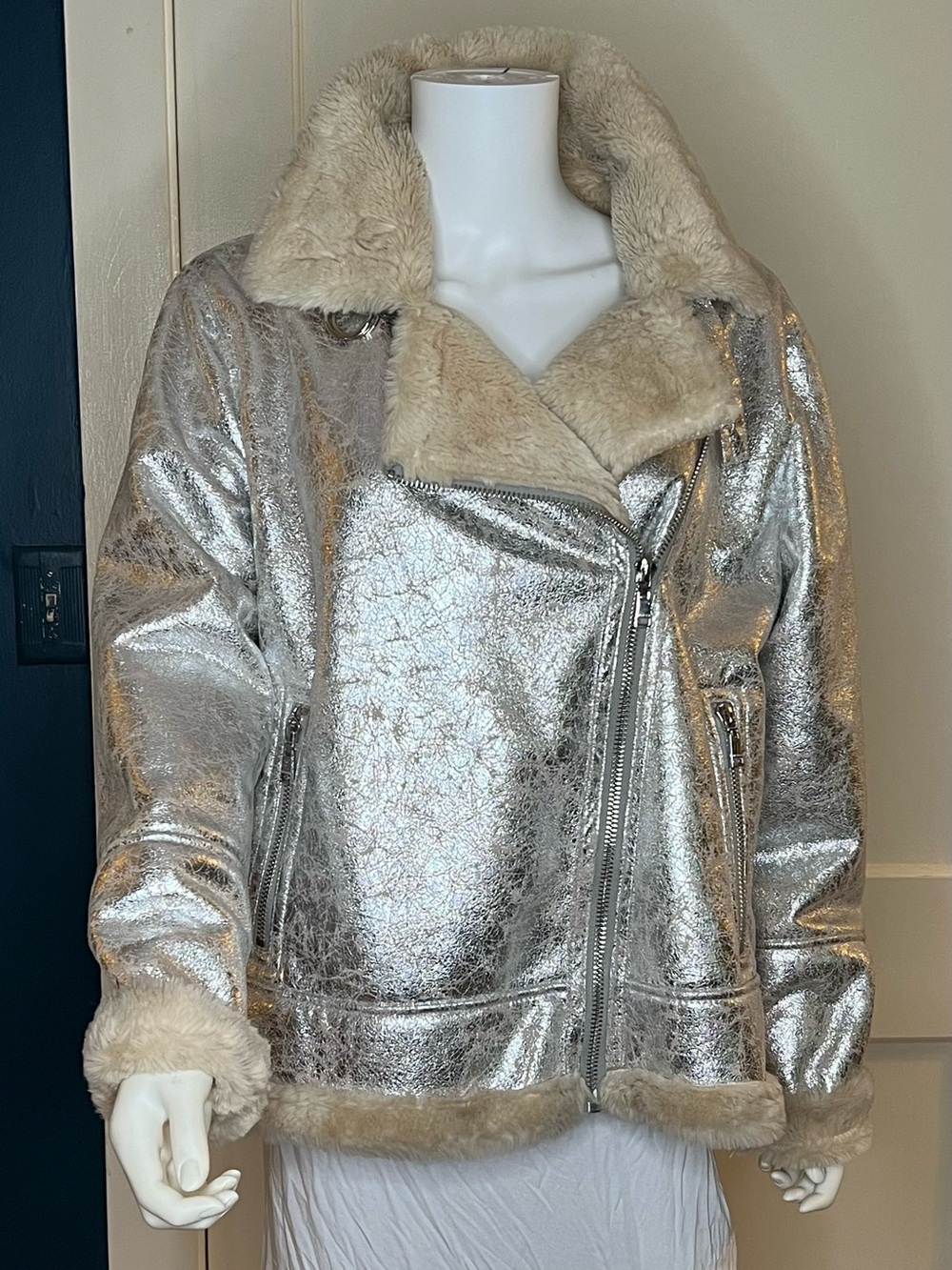 Tommy Hilfiger Metallic Faux Leather and Shearling Moto Jacket, Women’s Sz XL